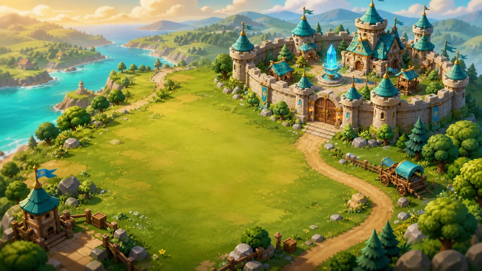 Siegekin key art: a walled castle with a glowing guardian stone above a coast and meadow