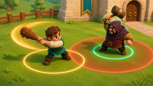 An adventurer swinging a club at a bandit