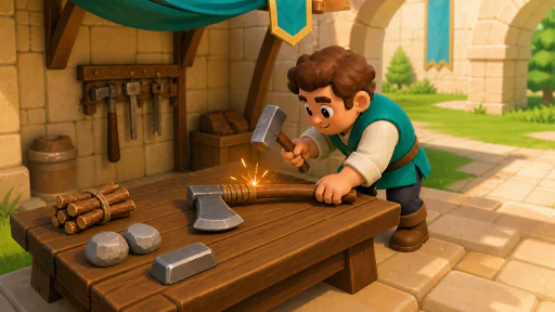 An adventurer forging an axe at a workbench