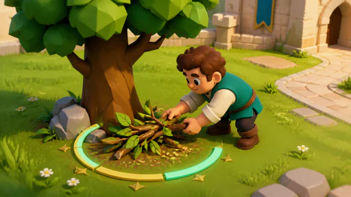 An adventurer gathering branches under a tree