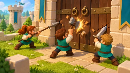 Three adventurers breaking a castle gate with a spear, an axe and a sword