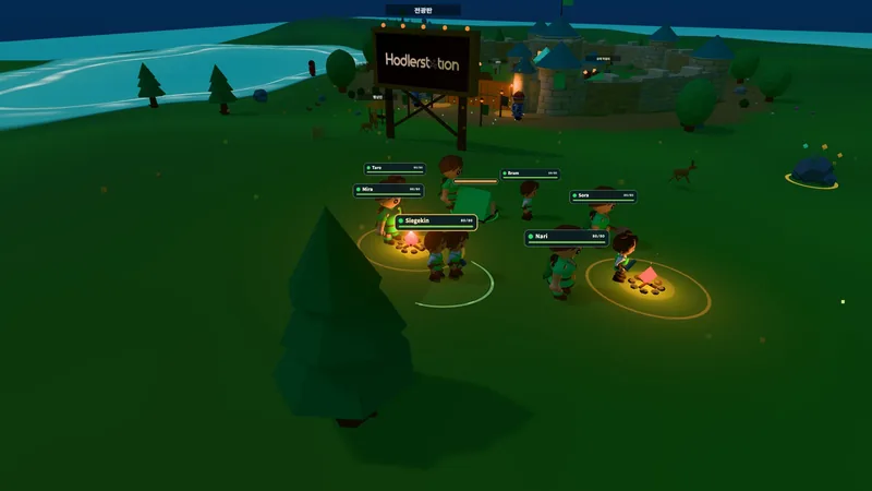 Adventurers gathered around lit campfires and a tent