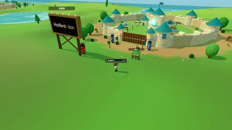 A herbalist's stall by the castle gate, guards on watch