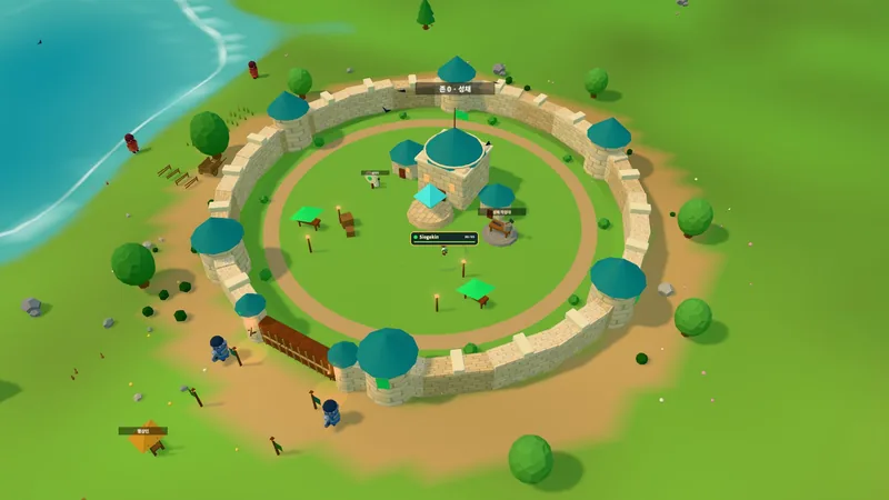 A keep seen from above: round walls, teal-roofed towers, gate guards and the coast